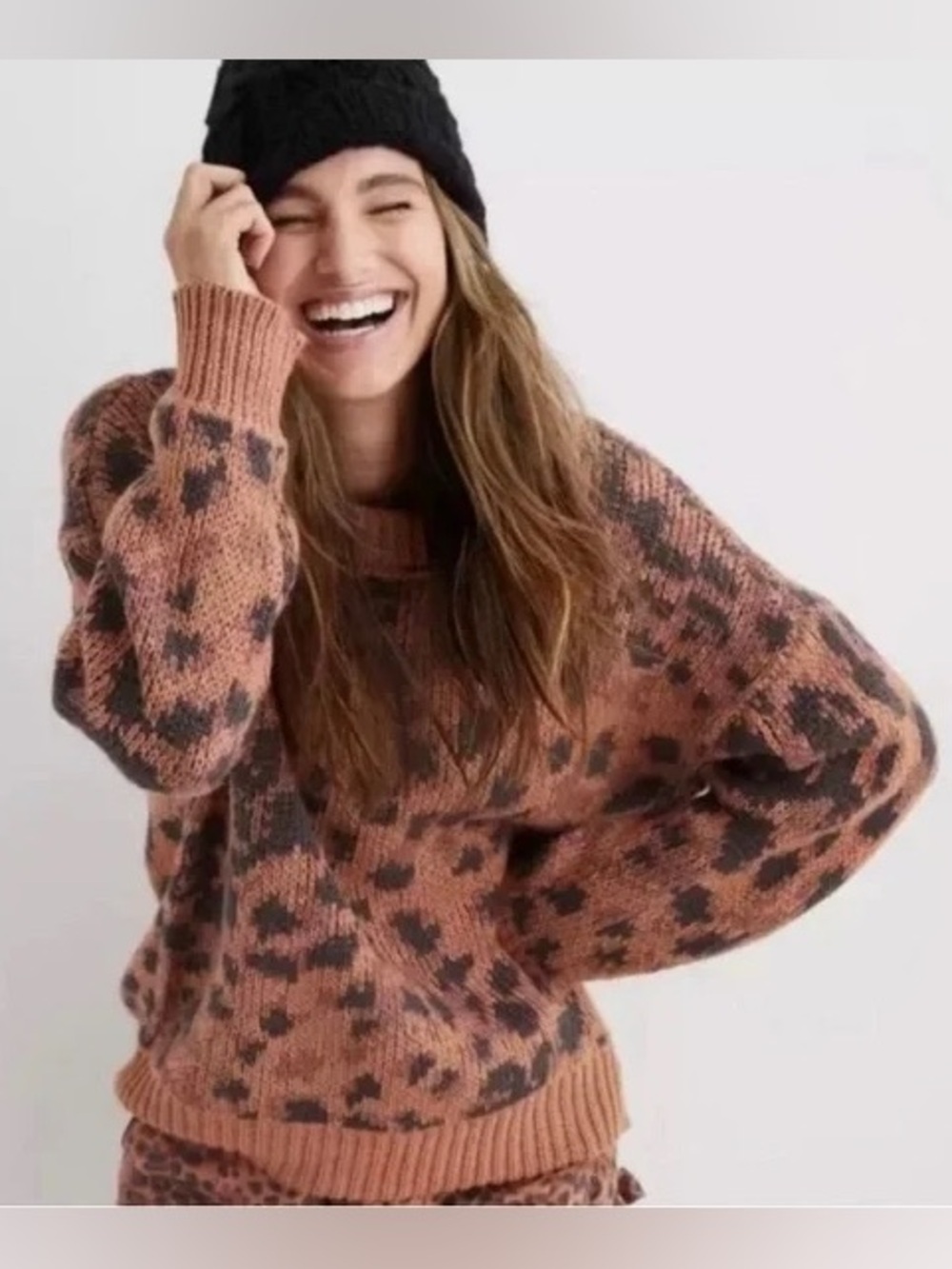 Aerie Dark Brown Leopard-Print Crewneck Sweater XL